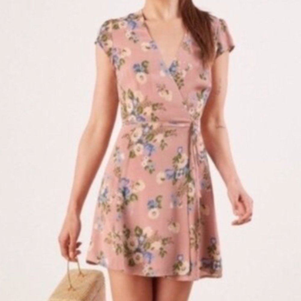 REFORMATION - dawn pink floral mini wrap dress, XS